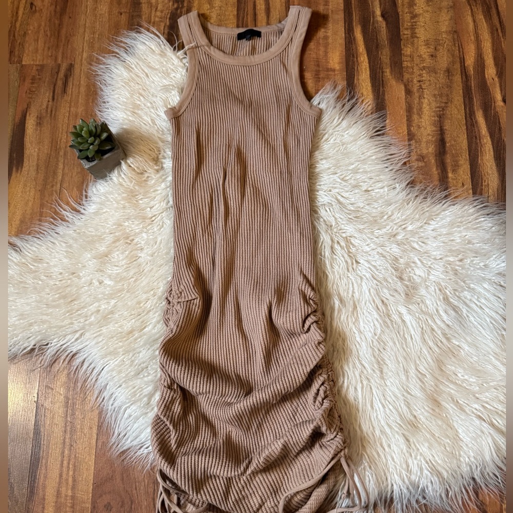 The Range Waffle Knit Ruched Midi Dress Tan